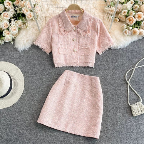 HELLO Vintage Two Piece Set Single Breasted Tassel Top with Mini Skirt